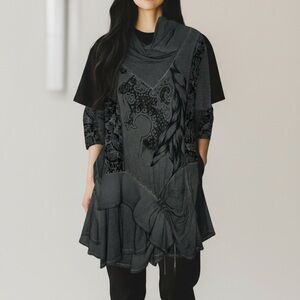 Angels Never Die Gray Graphic Print Long Sleeve Ruched Dress